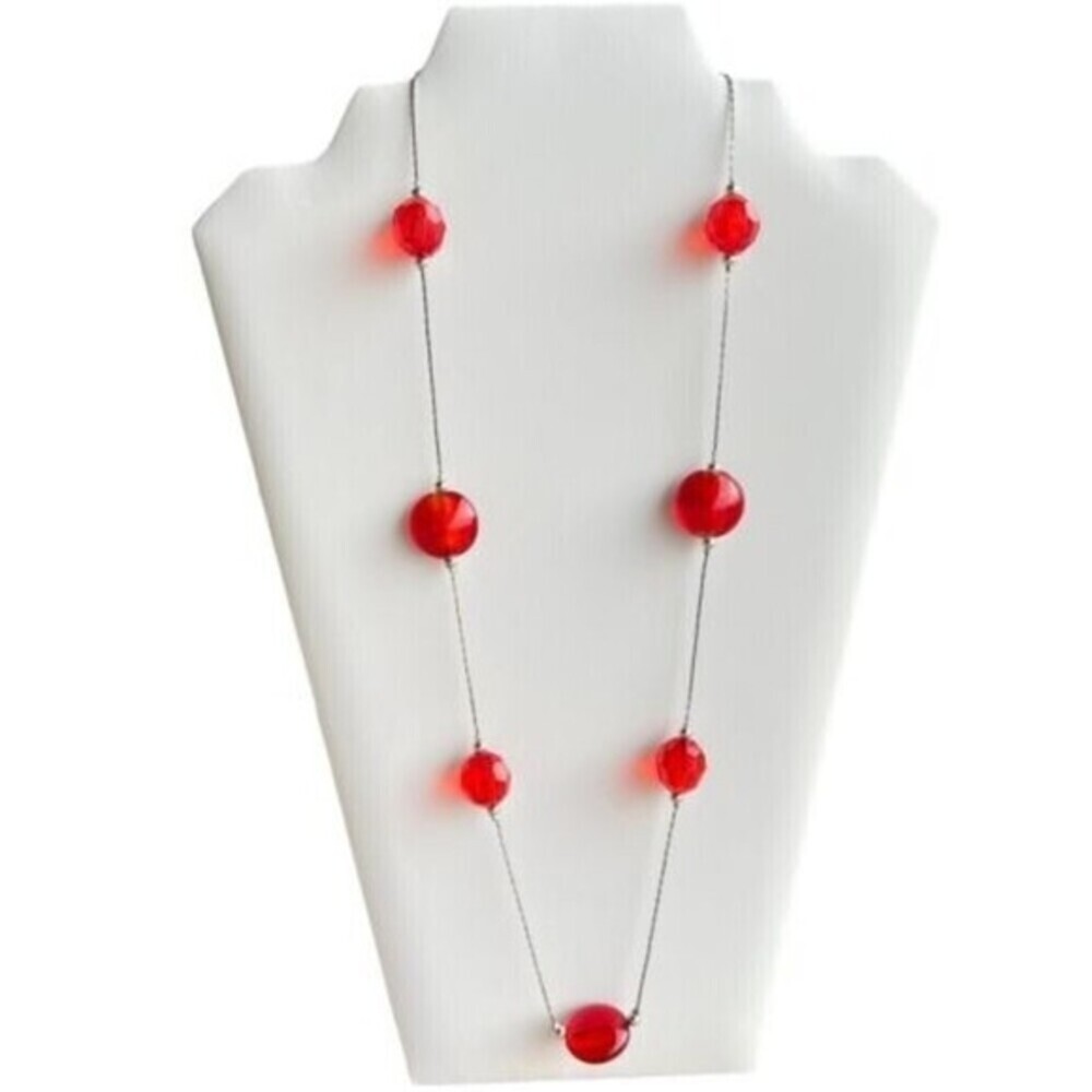 RED AND SILVER BEADED OPERA NECKLACE 26 in + 2.5‎ in ext